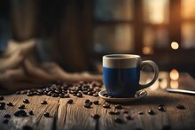 Blue Coffee Cup On A Wooden Surface With Strong Bokeh Background , Warmth And Cozy ,coffee Branding Presentation Template , Golden Tones