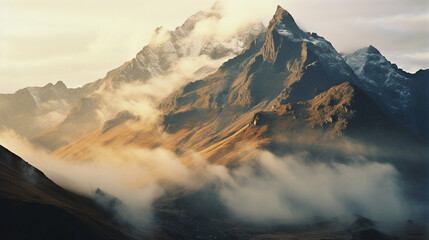Fototapete - A majestic graphic landscape of rugged mountains, their peaks shrouded in mist as the morning sun casts a warm glow on the towering slopes.