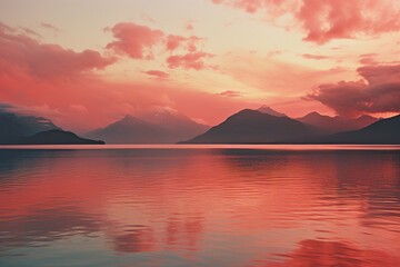 Fototapete - An awe-inspiring graphic depiction of a mountain range at sunset, with the sky ablaze in hues of orange and pink, casting a serene reflection on a tranquil lake below.