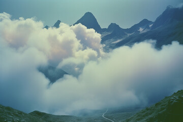 Fototapete - A fantastical depiction of cloud-covered mountains floating in mid-air, blending reality and imagination in a surreal and ethereal landscape.
