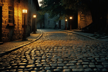 Poster - A nostalgic image of a cobblestone alley illuminated by the warm glow of antique streetlights, transporting viewers to an idyllic past.