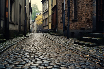Fototapete - A nostalgic image of a cobblestone alley illuminated by the warm glow of antique streetlights, transporting viewers to an idyllic past.