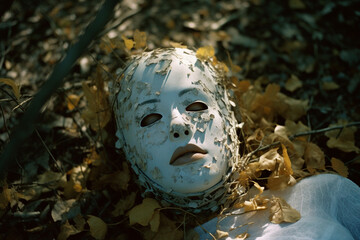 Fototapete - A surreal portrait showcasing a person with a mask depicting dreamlike imagery, inviting viewers into a world where the boundaries between reality and fantasy dissolve.