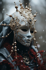 Fototapete - A fantastical depiction of a person wearing an otherworldly mask, creating a surreal and dreamy atmosphere that transcends conventional portraiture.