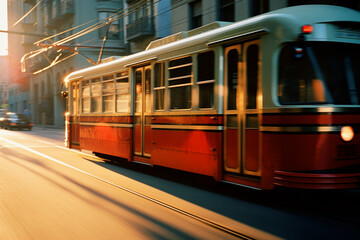 Fototapete - A high-contrast graphic depiction of a streetcar in motion, using bold lines and shadows to emphasize the speed and dynamism of urban travel.