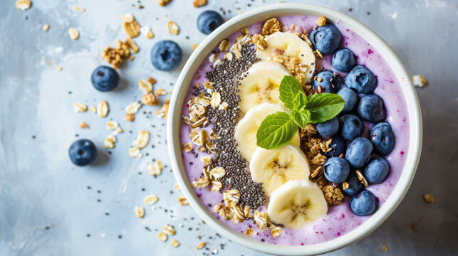 сlose-up of a healthy vegan breakfast. a plate with healthy superfood - fresh berries, fruit yogurt,