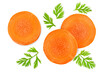 chopped carrot slices with leaves on a white isolated background, top view