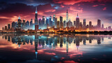 Fototapeta Boho - Stunning cityscape with skyscrapers silhouetted against a dramatic sunset and reflections on the water.