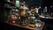 Antique steampunk clock on a wooden table amidst various vintage items in an old-style interior setting.