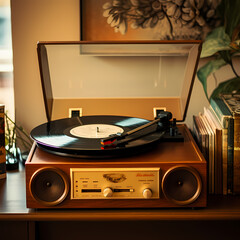 Canvas Print - A vintage record player on a retro table.