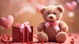 A cute teddy bear, with a charming gift box next to it, making the perfect Valentine's Day or birthday card. Concept of love. Generative AI