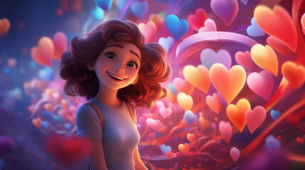 Wall Mural - Cute cartoon girl feels being in love. Adoration, amorousness, affection, crush, happiness concept wallpaper.