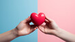 The essence of love with hands presenting a red heart on a serene blue background, an eloquent symbol of affection. Generative AI.
