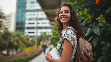 Wall Mural - Young woman with school backpack, holding notebook, street with buildings, trees and blurred background