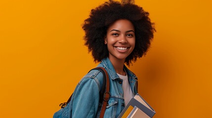 Wall Mural - black woman with afro curly hair, holding notebooks and smiling in a photography studio