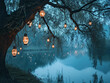 Lanterns hanging from the branches of a giant willow tree beside a tranquil lake, ethereal, dreamy atmosphere