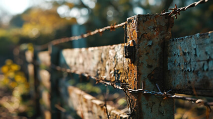 Wall Mural - A close up of a rusty fence with barbed wire on it, AI