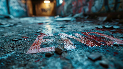 Poster - A red blood is on the floor of a building with red END sign, AI