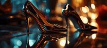 Glossy, High-fashion Stilettos On A Glass Surface, Capturing Their Reflection, Sleek And Modern, Lit With Studio Lights