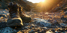 Hiking Shoes On A Rocky Mountain Path At Sunrise, Ultra-detailed, Capturing The Worn Texture And Surroundings