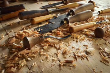 Sticker - Professional tools on a wooden table in the workshop. Surface covered with sawdust. Carpenter working with tools close-up