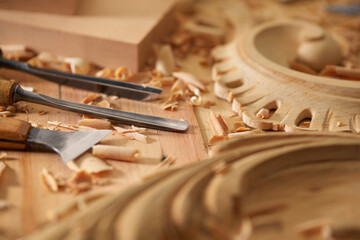 Poster - Set of Various Woodworking Chisel on wooden desk