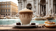 Closeup Of Cappuccino Hot Chocolate And Pastries On The Table With The Background Of The Trevi Fountain In Rome Blurred