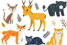 Vector Illustration Set Of Cute Fox, Deer And Animals In Nature