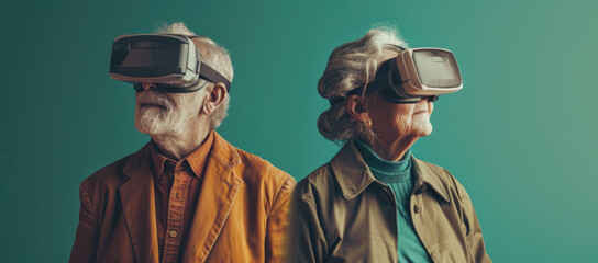 Older men and women look through virtual reality goggles