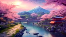 Fantasy Natural Scenery In Japan With Beautiful Traditional Houses. 4K Live Wallpaper Animation