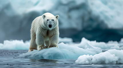 Wall Mural - A polar white bear on a little ice bank. 