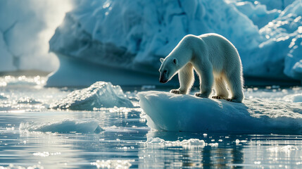 Wall Mural - A polar white bear on a little ice bank. 