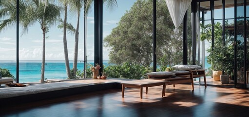 Wall Mural - dream home, where the black wooden floors contrast perfectly with the bright blue ocean view from your living room window.  tropical style and summer freshness will transport you to a seaside paradise