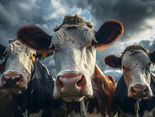 Curious Cattle Trio Against Stormy Skies