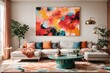 a bright and cheery room featuring a lively abstract painting as the main feature. Frame mockup Living room wall poster mockup contemporary design Modern interior design