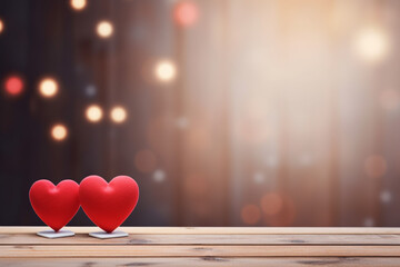 Valentines day greeting card with red hearts on wooden table over bokeh background.