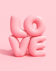 Wall Mural - Pink love inflated shiny valentine balloon message word text card 3d illustration render digital rendering