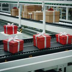 Gifts on conveyor belt, in warehouse or production hall or logistics center, Christmas gift production, industry and Christmas shop