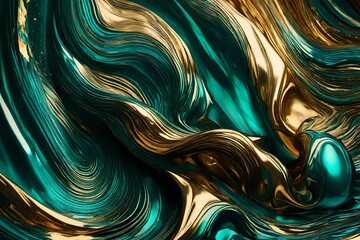 Wall Mural - Iridescent teal and liquid gold in a hypnotic interplay of fluid beauty.
