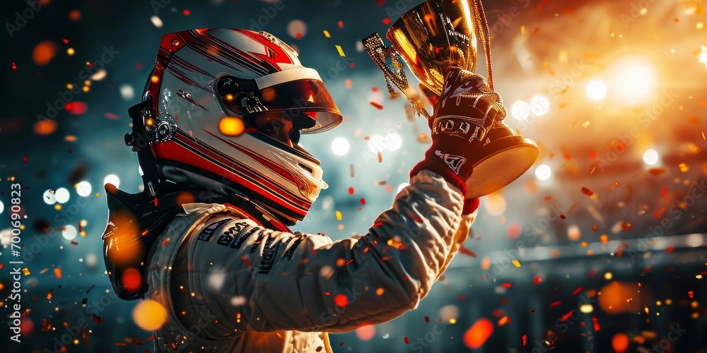 winner race car driver celebrating the win in a race against bright stadium lights and confetti. winner competition