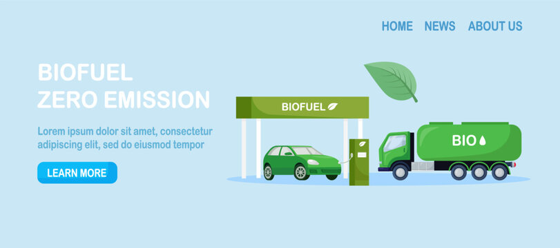 Truck delivering biofuel to petrol refill station. Renewable energy source derived from organic materials. Reducing greenhouse gas emissions