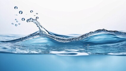 Freshwater splash on white background.  Blue water waves surface with splash, droplets and air bubbles