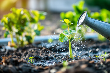 Watering young plant in the garden with sunlight. Nature background.