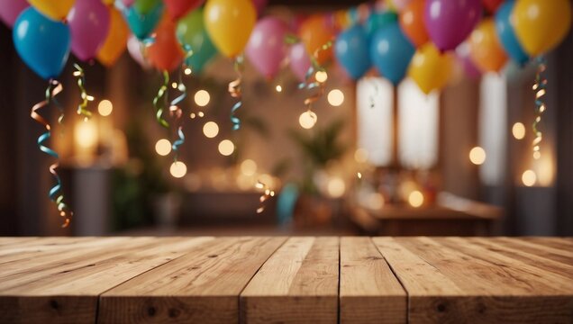 Birthday background with wooden table, lights and colorful balloons in the background