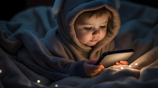 Child in hooded blanket using tablet in dark room with soft lighting.