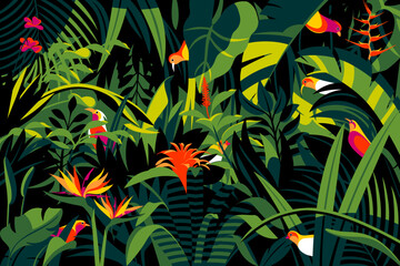 Wall Mural - Bright colour birds in the thickets of the flowering rainforest. Handmade drawing vector illustration. Pop art style.