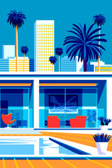 Wall Mural - Landscape with swimming pool and mid-century house in the first plan and skyscrapers and palms in the background. Handmade drawing vector illustration. Pop Art style.