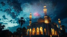 Ramadan Kareem Eid Mubarak Royal Elegant Lamp With Mosque Holy Gate With Fireworks. Seamless Looping Time-lapse Virtual Video Animation Background 