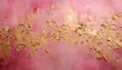 Golden rococo ornate shapes shining on a pink, distressed, weathered wall. Textured, vintage, ancient wallpaper. Artistic aged card, banner.. Backdrop. Textured scrapbook background.