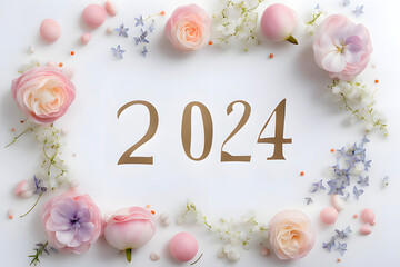 Wall Mural - Greeting card Happy New Year 2024 with roses flowers on a white background